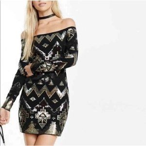 EXPRESS Women S Black Multi Sequin Bodycon Cocktail Party Off The Shoulder Dress
